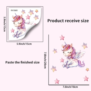 Size comparison of watercolor unicorn wall sticker and decorative stars layout