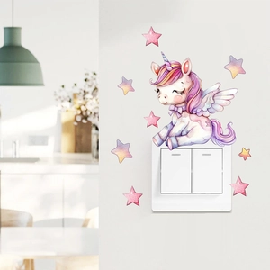 Luminous unicorn wall sticker with stars for home switch decor in watercolor style
