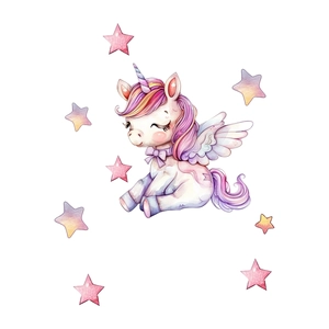 Watercolor unicorn wall decal with pink mane and stars for home switch decoration