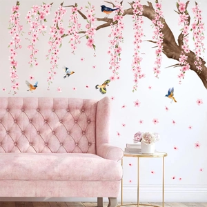Pink Sakura Cherry Blossom Tree Branch Wall Sticker With Birds PVC Printed Floral Wall Decal For Living Room Home Decor