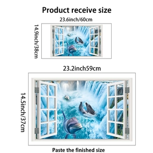 Detailed dimensions of 3D waterfall window wall sticker showing receive and finished sizes