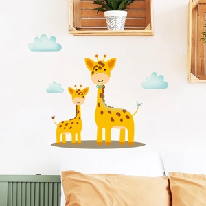 Luminous giraffe wall stickers for kids room decor with cute yellow giraffe and clouds
