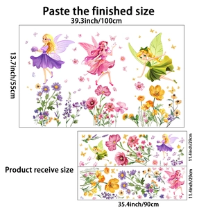 Detailed view of fairy and flower wall decals showing 100x55cm layout and dimensions