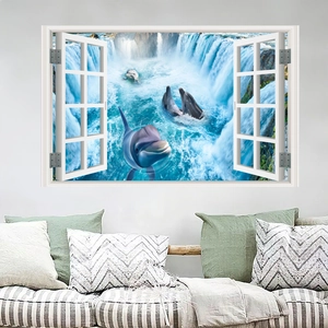 3D ocean dolphins and waterfall wall sticker with creative white window frame effect