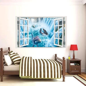 3D ocean landscape wall sticker with dolphins and waterfall view in faux wood window frame