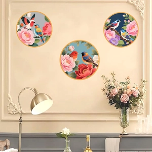 Chinese Style Bird Flower Wall Stickers PVC Waterproof Removable Self Adhesive Round Decorative Decals For Home Living Room