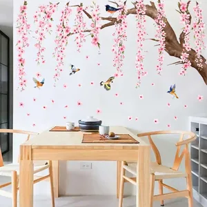 Pink cherry blossom tree branch wall decal with colorful birds for home decoration