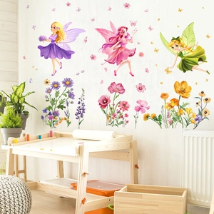 Cartoon flower fairy wall stickers with purple and green butterflies for kids' room decor