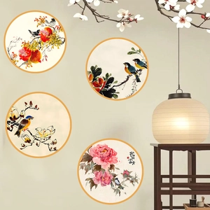 Set of 4 Chinese ink painting wall stickers with flowers and birds for home decor