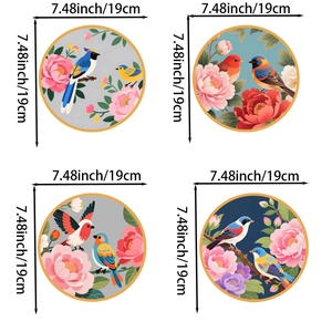 Detail view of 4-pack bird and floral wall stickers with 7.48 inch size specifications