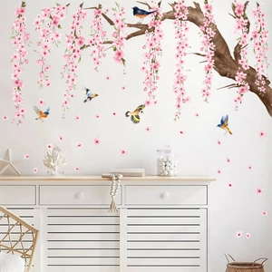 Cherry blossom tree wall sticker with pink flowers and colorful birds for home decor