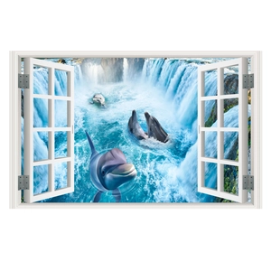 3D ocean window wall sticker featuring dolphins and waterfall for home decoration