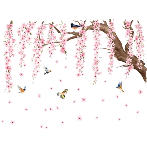 Watercolor pink cherry blossom and birds wall stickers for home decor on white background