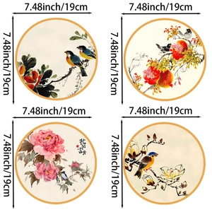 Detailed views of four Chinese style bird and floral wall decals with a 7.48 inch diameter