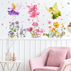 Charming fairy wall decals with colorful flowers and butterflies for home decor
