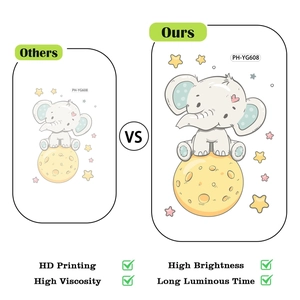 Luminous elephant on moon sticker detail showing high brightness and HD printing quality