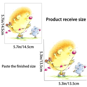 Detail of yellow hedgehog and blue mouse wall sticker showing size measurements