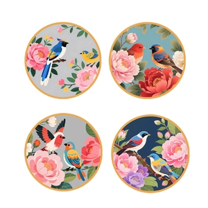 Four-piece set of Chinese style floral and bird self-adhesive wall stickers in round design