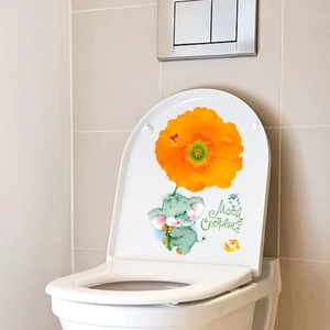 Cartoon elephant with orange flower waterproof PVC toilet seat sticker for bathroom decor