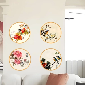 Set of four Chinese style circular wall decals featuring flowers and birds for room decor