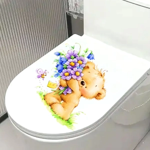 Cute teddy bear holding colorful flower bouquet wall sticker for bathroom toilet decor