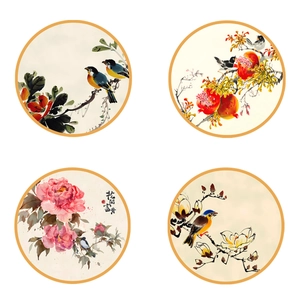 Chinese style floral and bird wall stickers with four circular ink painting designs