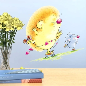 Cute yellow hedgehog and blue mouse wall stickers with roller skates for home decor