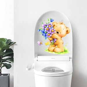 Creative teddy bear with flowers wall sticker for bathroom and toilet decoration