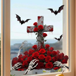Halloween Fensteraufkleber Set mit gotischem Rosenkreuz, Totenhand und Fledermäusen