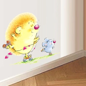 Cute yellow hedgehog and blue mouse wall sticker for children's room home wall decor