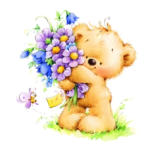 Watercolor teddy bear with purple flowers creative wall sticker for home bathroom decor