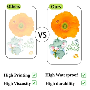 Detail of waterproof cartoon elephant sticker with vibrant high quality printing for bathroom