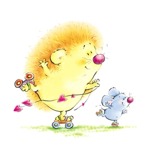 Cute yellow hedgehog and blue mouse wall sticker decoration on skateboards with pink hearts