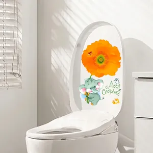 Cute Cartoon Elephant Holding Flower Toilet Sticker Waterproof PVC Bathroom Wall Decal For Home Decoration Russian Text Pattern
