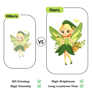 Close-up of cute green fairy wall decal showing high-definition printing and luminous detail
