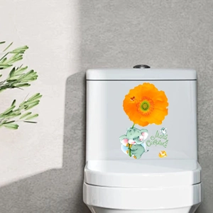 Creative cute elephant toilet sticker with flower and Russian text on white tank