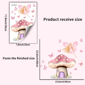 Comparaison détaillée de la taille des stickers fées et champignons roses en cm et pouces