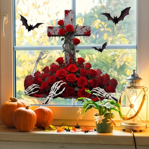 Gothik Rose Kreuz Skeletthand Fledermaus Halloween Fensteraufkleber PVC Wasserdicht Statische Haftung Dekor Für Glas Party