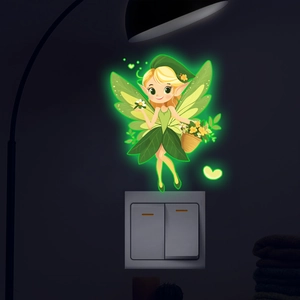 Glow-in-the-dark green fairy wall sticker for light switch decor in kids room