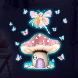 Stickers muraux lumineux avec fée aux cheveux d'or, maison champignon et lueur bleue
