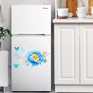 Blue peony floral refrigerator wall stickers with butterflies for home kitchen decor