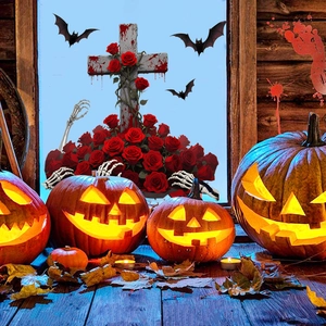 Halloween Fensteraufkleber mit Rosenkreuz, Skeletthänden und Fledermäusen für Deko