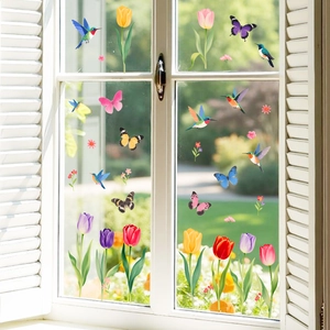 Hummingbird Butterfly Tulip Window Static Cling Sticker PVC Colorful Glass Decals For Home Living Room Office Decoration