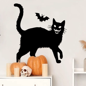 Halloween Horror Black Fanged Cat Wall Stickers PVC Bat Silhouette Decal For Living Room Bedroom Party Home Decor