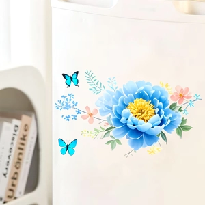 Blue peony and butterfly self-adhesive wall stickers for refrigerator decoration