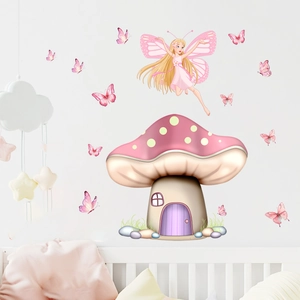 Stickers muraux fée champignon lumineux bleu avec papillons roses pour déco chambre enfant