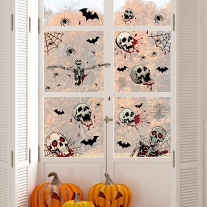 Stickers Halloween pour fenêtres avec crânes et chauves-souris sur vitre décorée