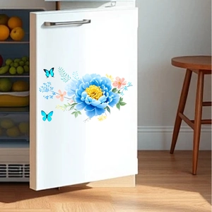 Blue floral wall stickers with butterflies for refrigerator and home cabinet decor