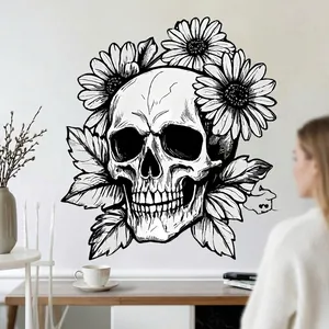 Creative skull and sunflower wall sticker for Halloween home decor in black sketch style
