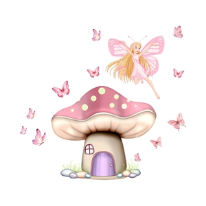 Stickers muraux champignons lumineux avec fée et papillons roses pour enfants